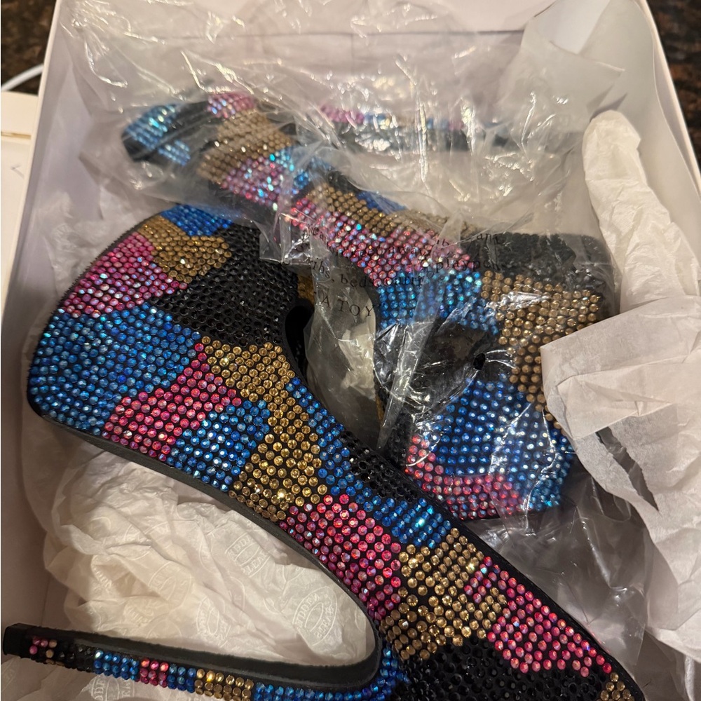 Steve Madden Black and Multicolor Rhinestone Heels - Picture 3 of 5